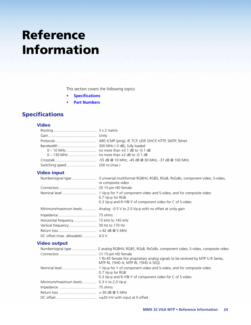 Reference information, Specifications | Extron Electronics MMX 32 VGA MTP User Guide User Manual | Page 29 / 33