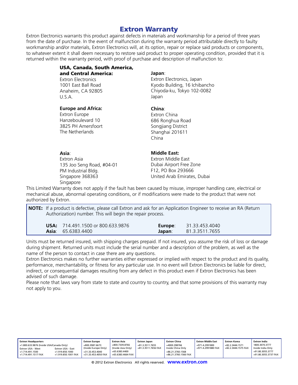 Extron warranty | Extron Electronics MMX 32 VGA MTP User Guide User Manual | Page 33 / 33