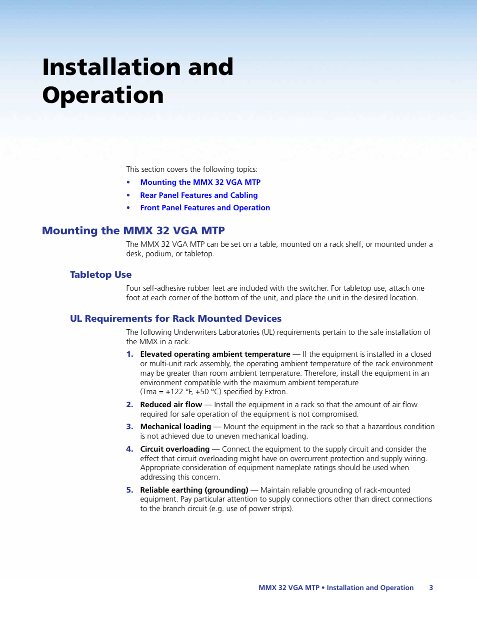 Installation and operation, Mounting the mmx 32 vga mtp, Tabletop use | Ul requirements for rack mounted devices | Extron Electronics MMX 32 VGA MTP User Guide User Manual | Page 8 / 33