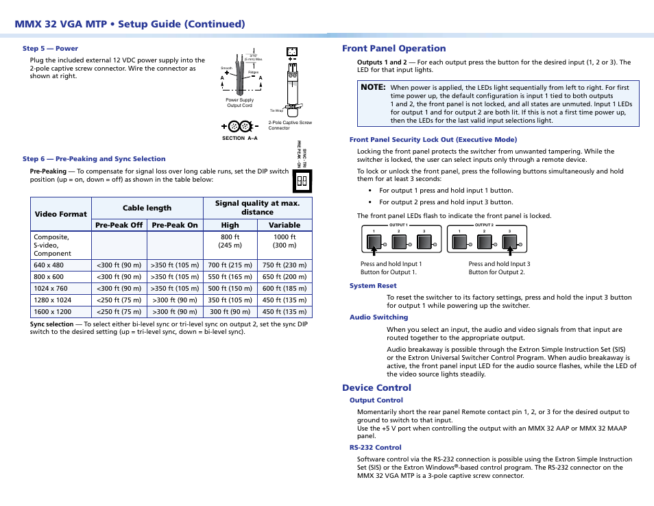 Mmx 32 vga mtp • setup guide (continued), Front panel operation, Device control | Extron Electronics MMX 32 VGA MTP Setup Guide User Manual | Page 2 / 4