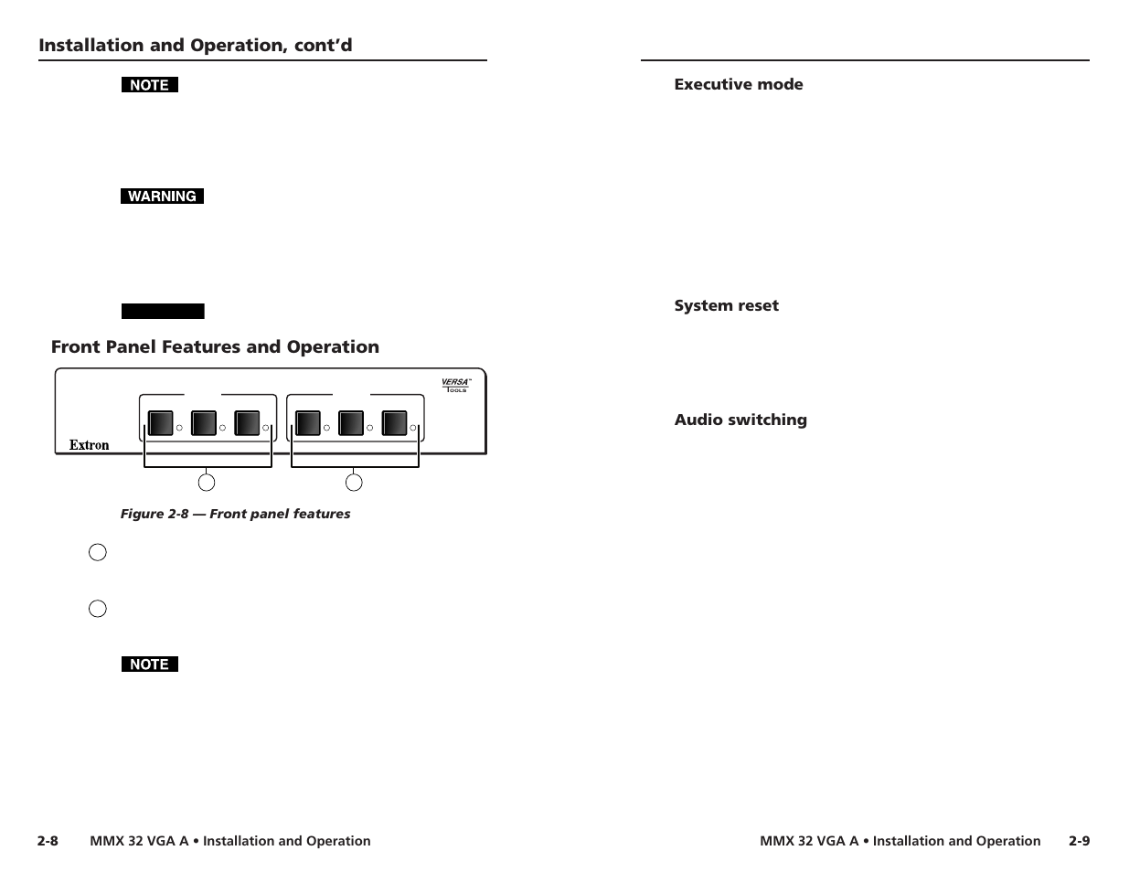 Front panel features and operation, Executive mode, System reset | Audio switching, Installation and operation, cont’d | Extron Electronics MMX 32 VGA A User Guide User Manual | Page 11 / 22