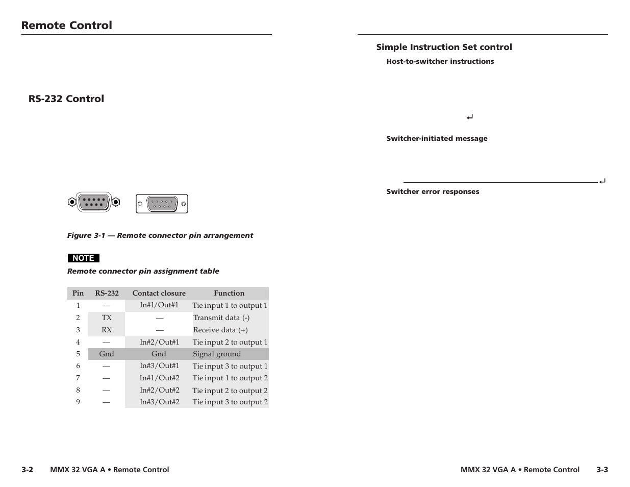 Rs-232 control, Simple instruction set control, Host-to-switcher instructions | Switcher-initiated message, Switcher error responses, Remote control | Extron Electronics MMX 32 VGA A User Guide User Manual | Page 13 / 22