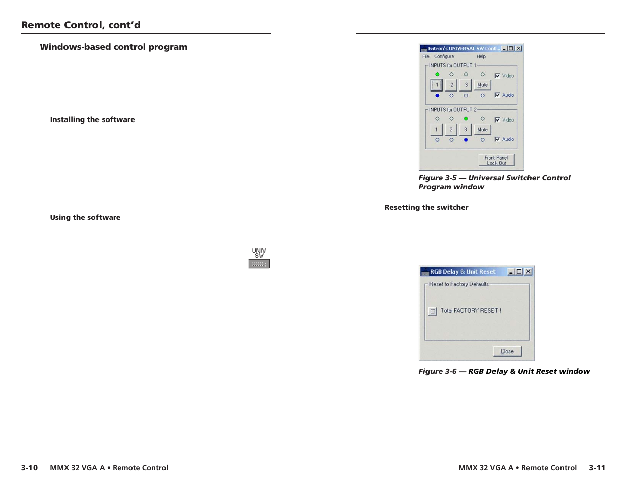 Windows-based control program, Installing the software, Using the software | Resetting the switcher, Remote control, cont’d | Extron Electronics MMX 32 VGA A User Guide User Manual | Page 17 / 22