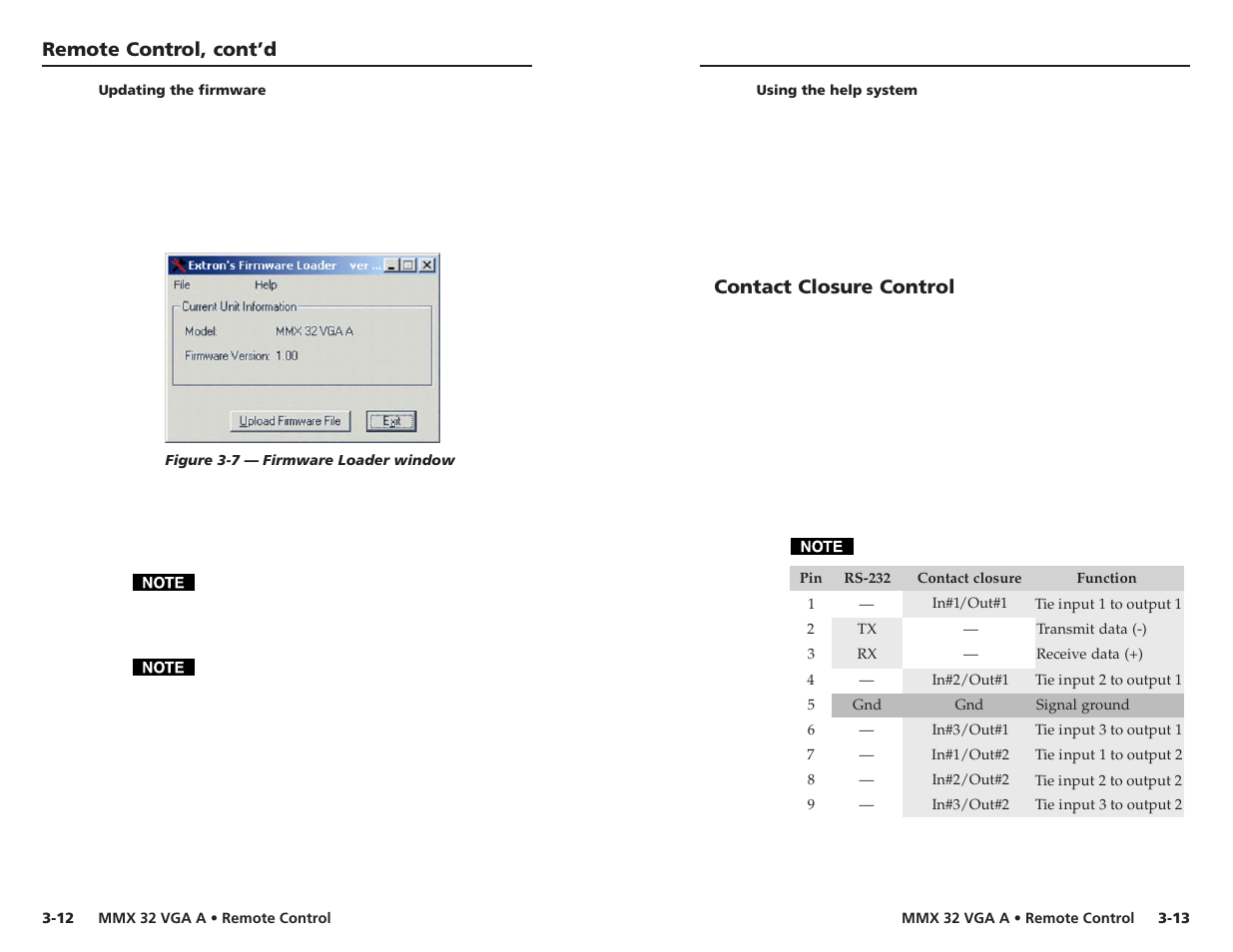 Updating the firmware, Using the help system, Contact closure control | Remote control, cont’d | Extron Electronics MMX 32 VGA A User Guide User Manual | Page 18 / 22