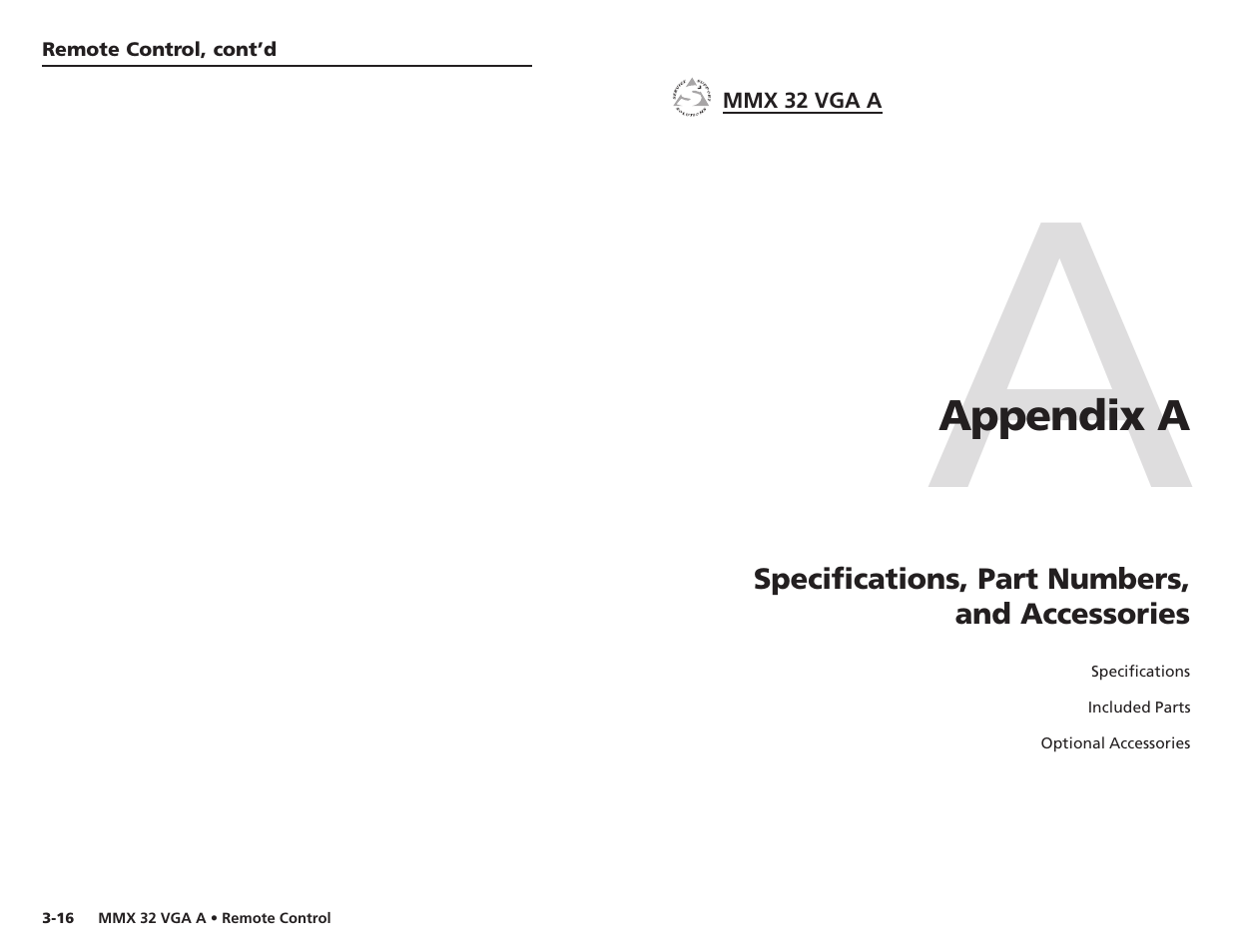 Appendix a • specifications, Part numbers, And accessories | Extron Electronics MMX 32 VGA A User Guide User Manual | Page 20 / 22