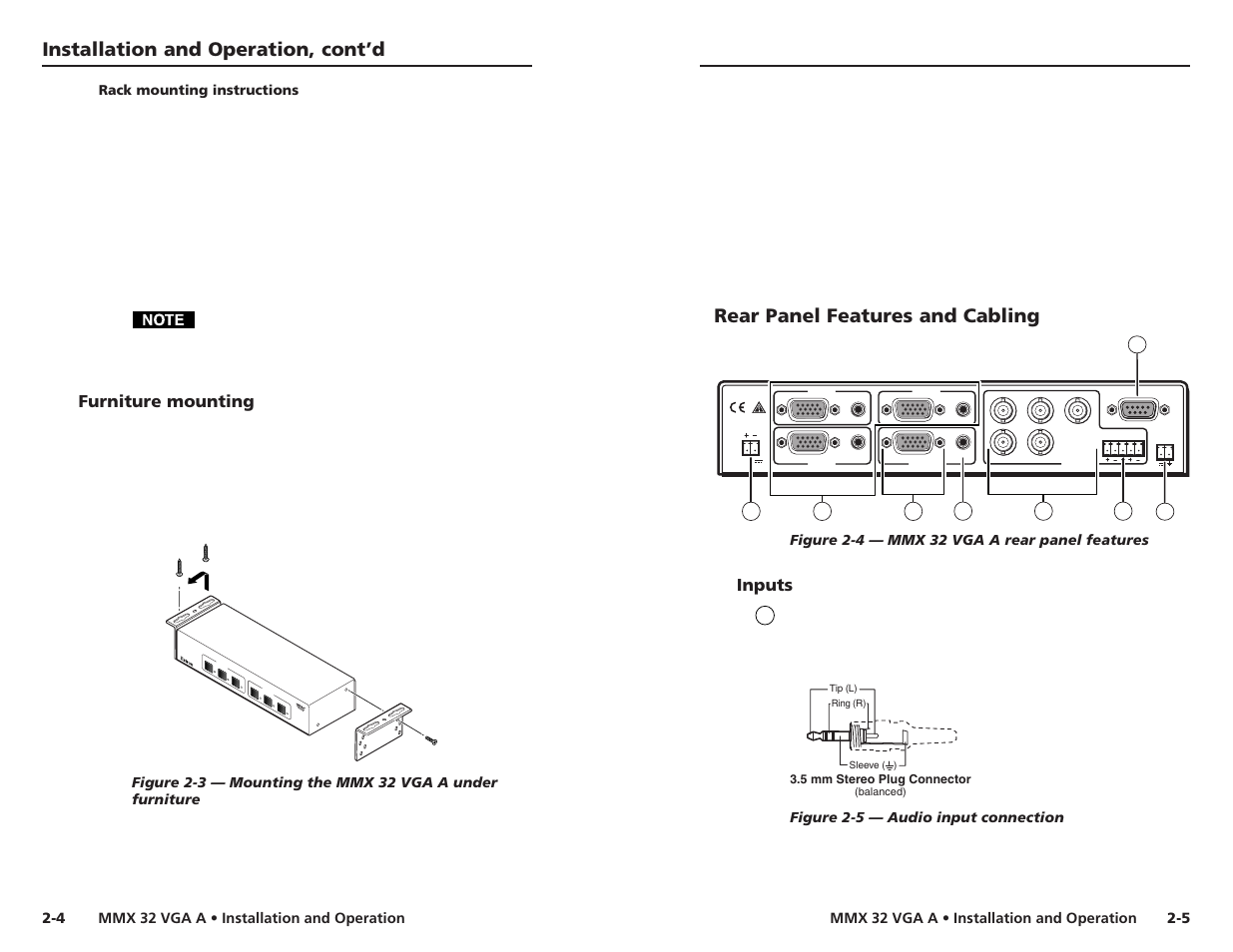 Rack mounting instructions, Furniture mounting, Rear panel features and cabling | Inputs, Installation and operation, cont’d | Extron Electronics MMX 32 VGA A User Guide User Manual | Page 9 / 22