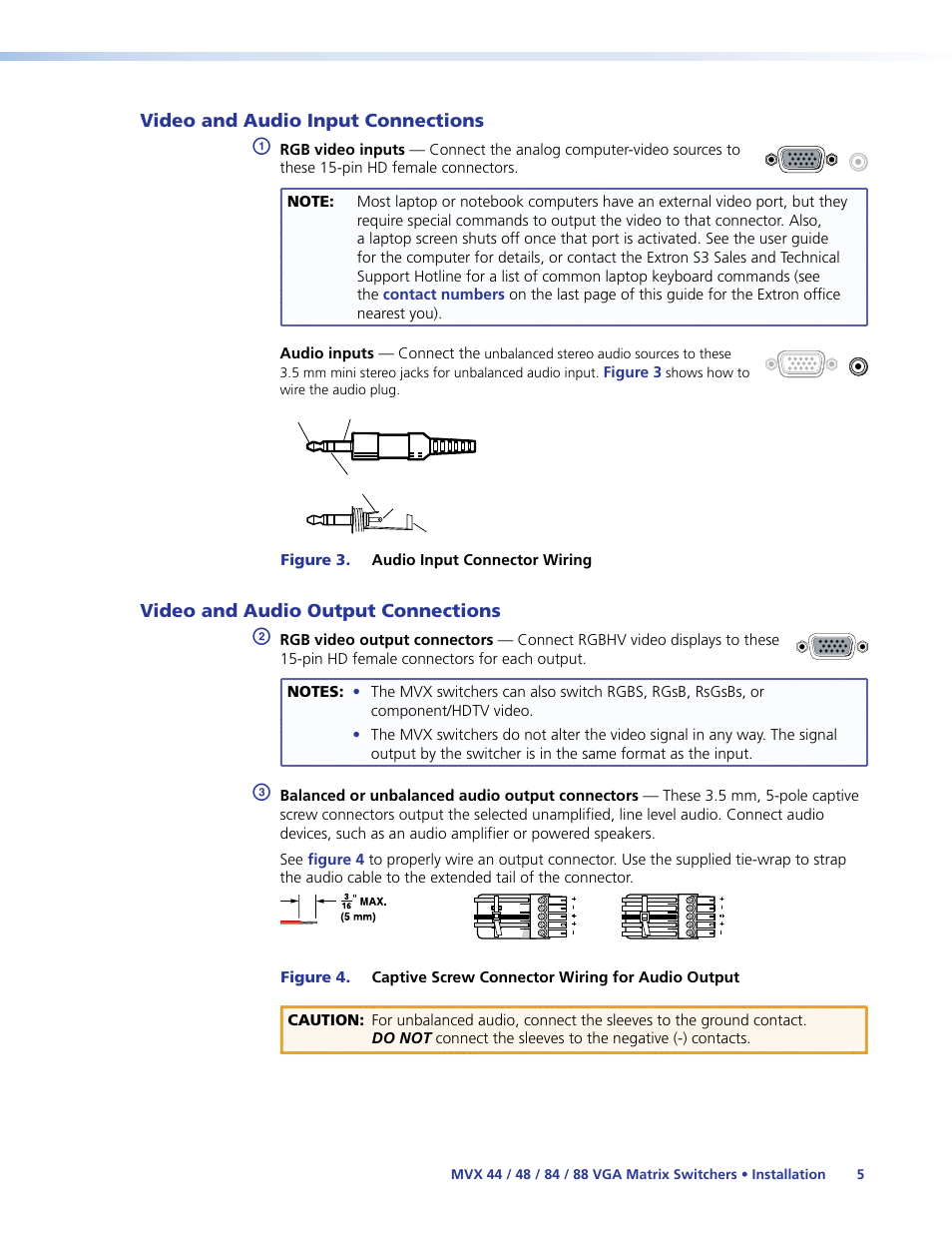 Video and audio input connections, Video and audio output connections | Extron Electronics MVX 44_48_84_88 Series User Guide User Manual | Page 11 / 70