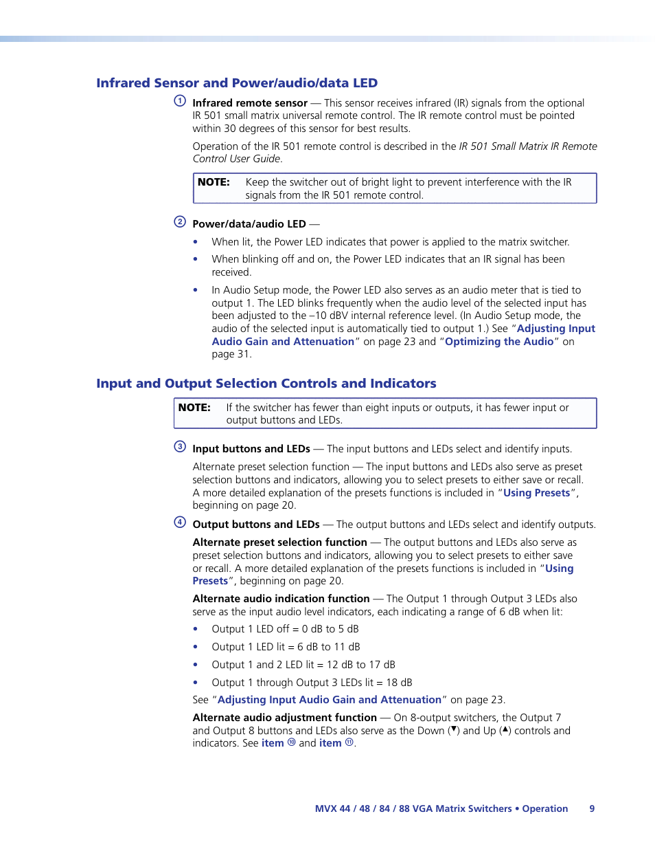 Infrared sensor and power/audio/data led, Input and output selection controls and indicators, And indicators | Extron Electronics MVX 44_48_84_88 Series User Guide User Manual | Page 15 / 70