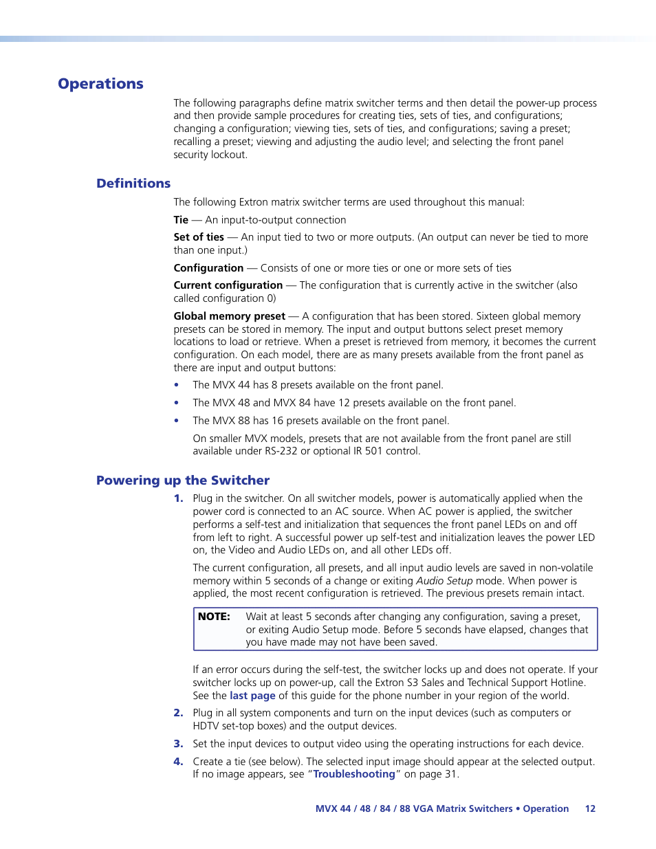 Operations, Definitions, Powering up the switcher | Definitions powering up the switcher | Extron Electronics MVX 44_48_84_88 Series User Guide User Manual | Page 18 / 70