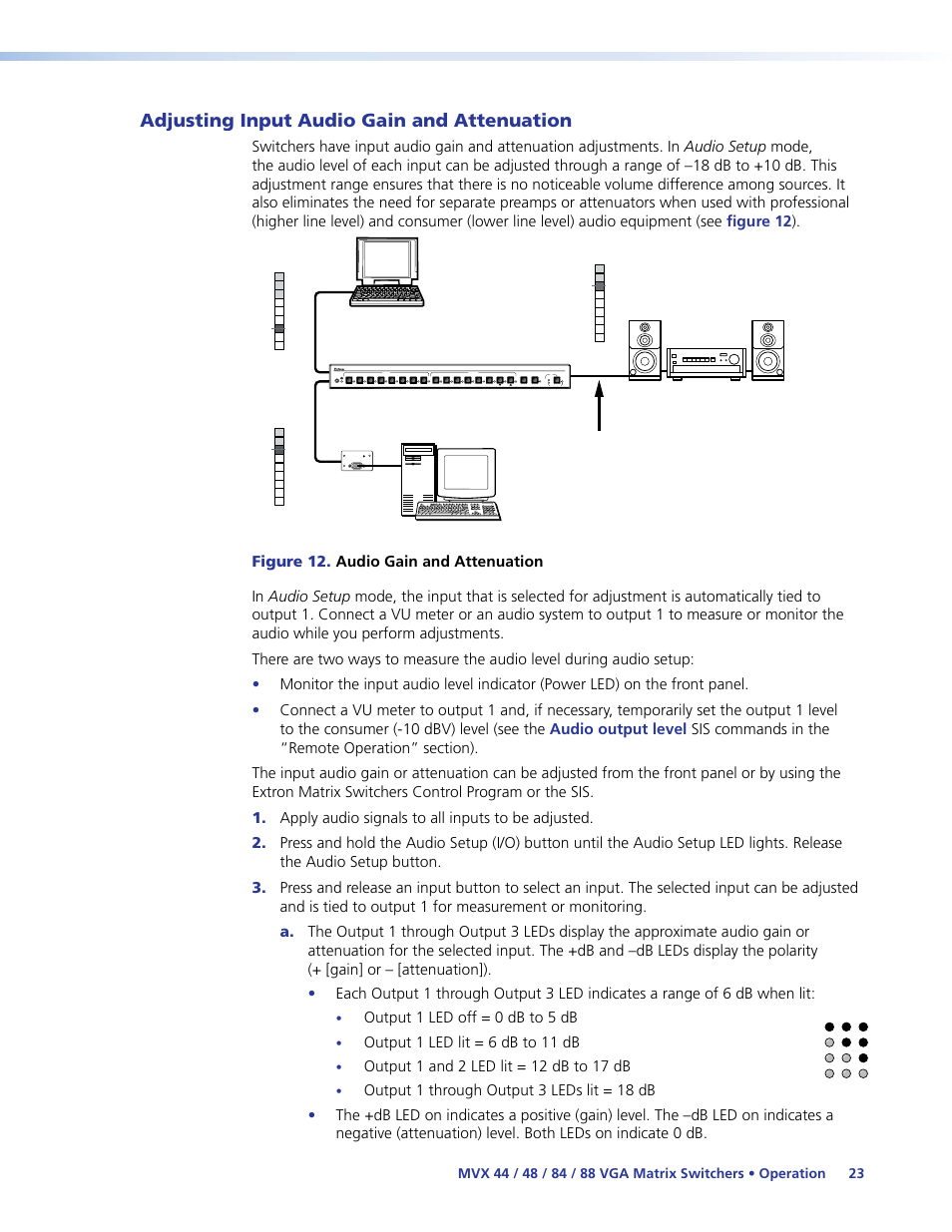 Adjusting input audio gain and attenuation, Adjusting input audio gain, And attenuation | Operation, Section and the, Adjusting input, Audio gain and attenuation, Level setting. see, Output 1 led off = 0 db to 5 db, Output 1 led lit = 6 db to 11 db | Extron Electronics MVX 44_48_84_88 Series User Guide User Manual | Page 29 / 70