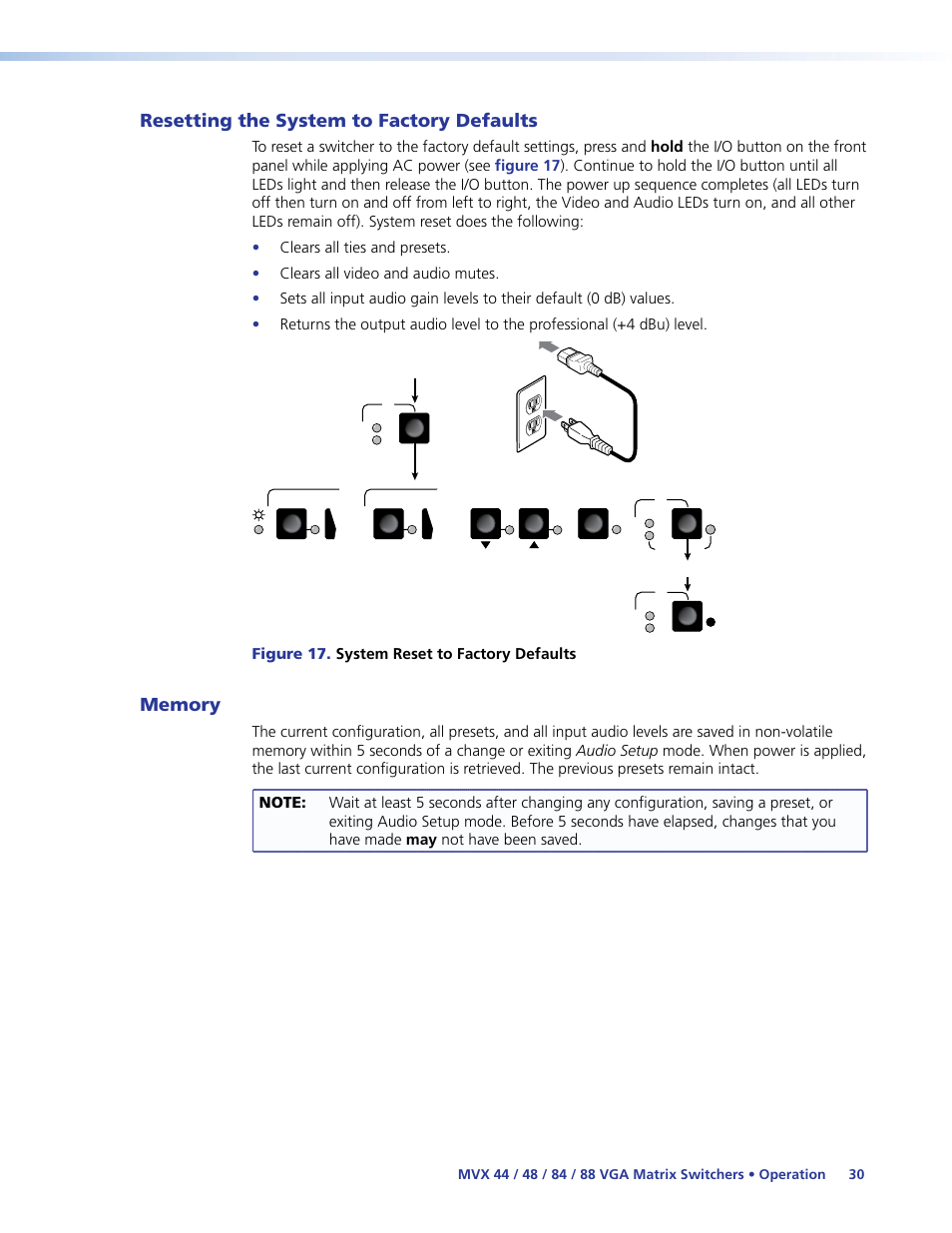 Resetting the system to factory defaults, Memory, Resetting the system to factory defaults memory | Extron Electronics MVX 44_48_84_88 Series User Guide User Manual | Page 36 / 70