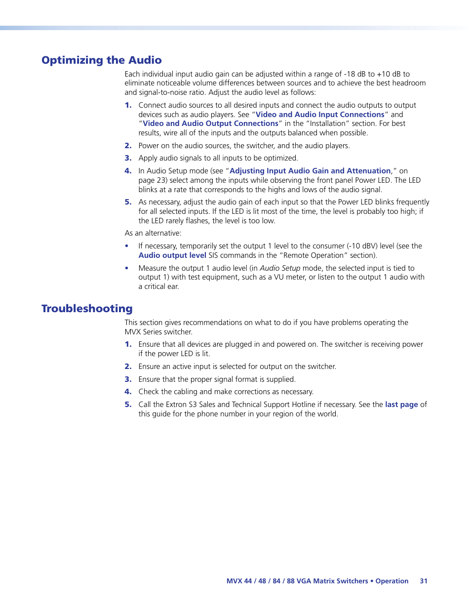 Optimizing the audio, Troubleshooting, Optimizing the audio troubleshooting | Extron Electronics MVX 44_48_84_88 Series User Guide User Manual | Page 37 / 70