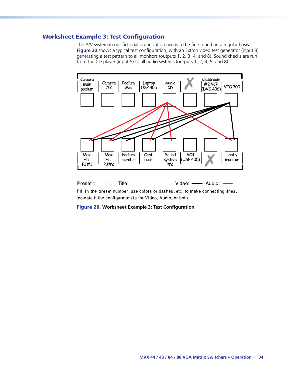 Worksheet example 3: test configuration, Worksheet example 3, Test configuration | Extron Electronics MVX 44_48_84_88 Series User Guide User Manual | Page 40 / 70