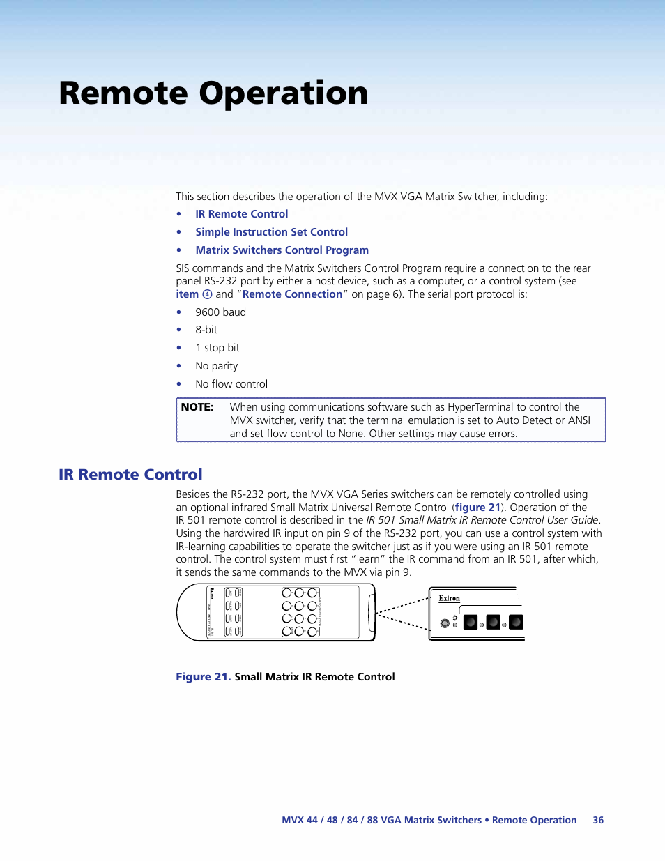 Remote operation, Ir remote control, Figure 21. small matrix ir remote control | Extron Electronics MVX 44_48_84_88 Series User Guide User Manual | Page 42 / 70