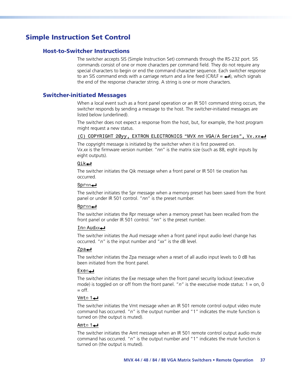 Simple instruction set control, Host-to-switcher instructions, Switcher-initiated messages | Extron Electronics MVX 44_48_84_88 Series User Guide User Manual | Page 43 / 70