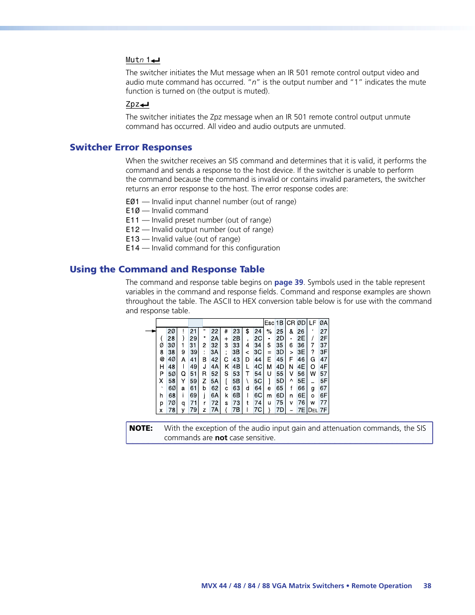 Switcher error responses, Using the command and response table | Extron Electronics MVX 44_48_84_88 Series User Guide User Manual | Page 44 / 70