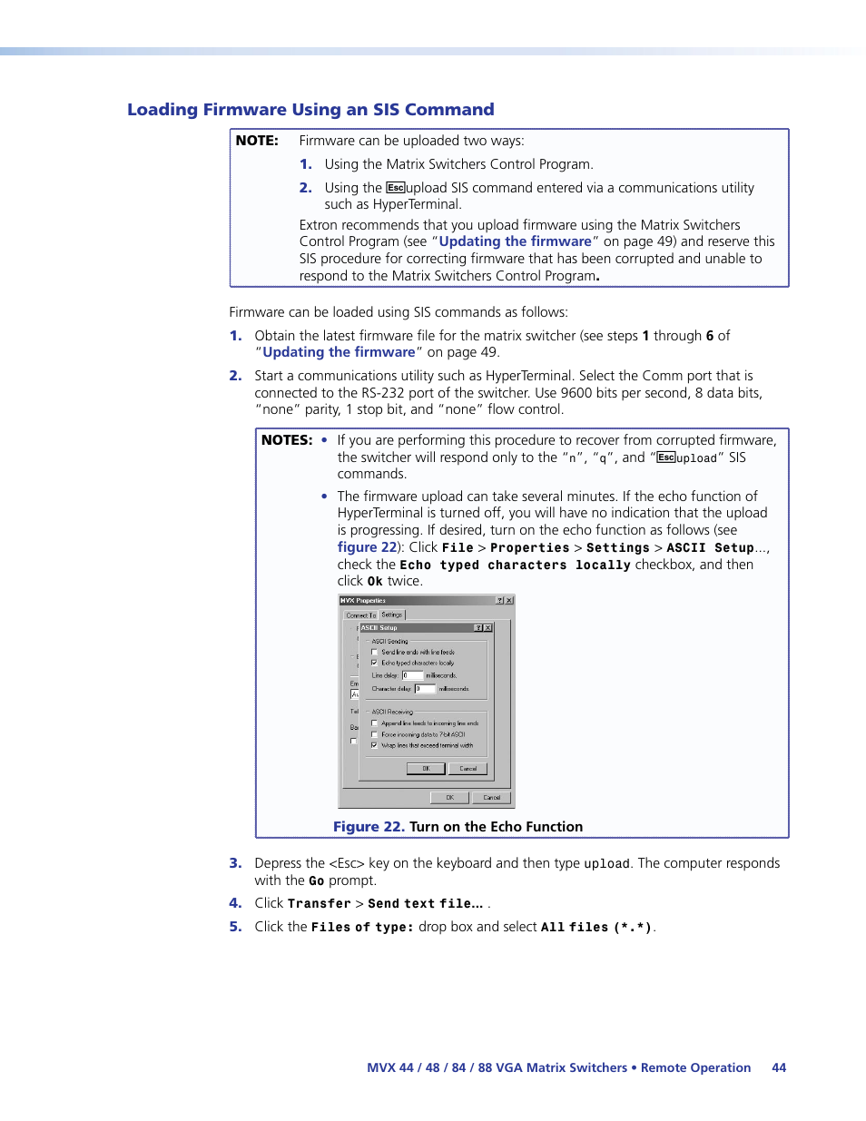 Loading firmware using an sis command, Loading firmware using an sis command . 44 | Extron Electronics MVX 44_48_84_88 Series User Guide User Manual | Page 50 / 70