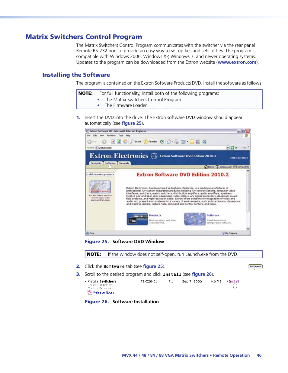 Matrix switchers control program, Installing the software, Control software | Extron Electronics MVX 44_48_84_88 Series User Guide User Manual | Page 52 / 70