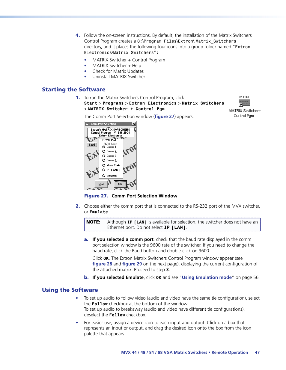 Starting the software, Using the software, Starting the software using the software | Extron Electronics MVX 44_48_84_88 Series User Guide User Manual | Page 53 / 70