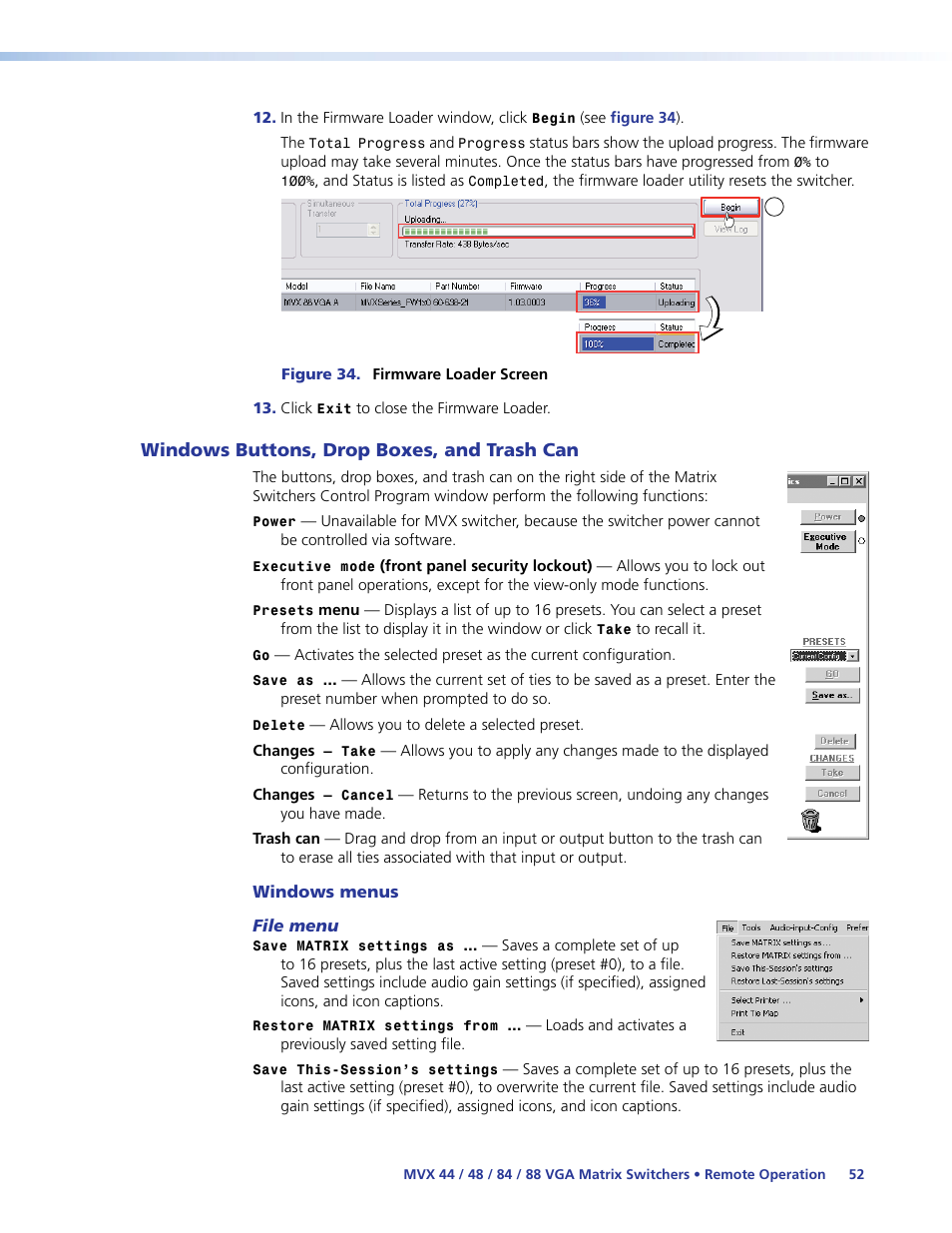 Windows buttons, drop boxes, and trash can, Windows menus, File menu | Windows buttons, drop boxes, And trash can, Ogram (see the, Remote operation | Extron Electronics MVX 44_48_84_88 Series User Guide User Manual | Page 58 / 70