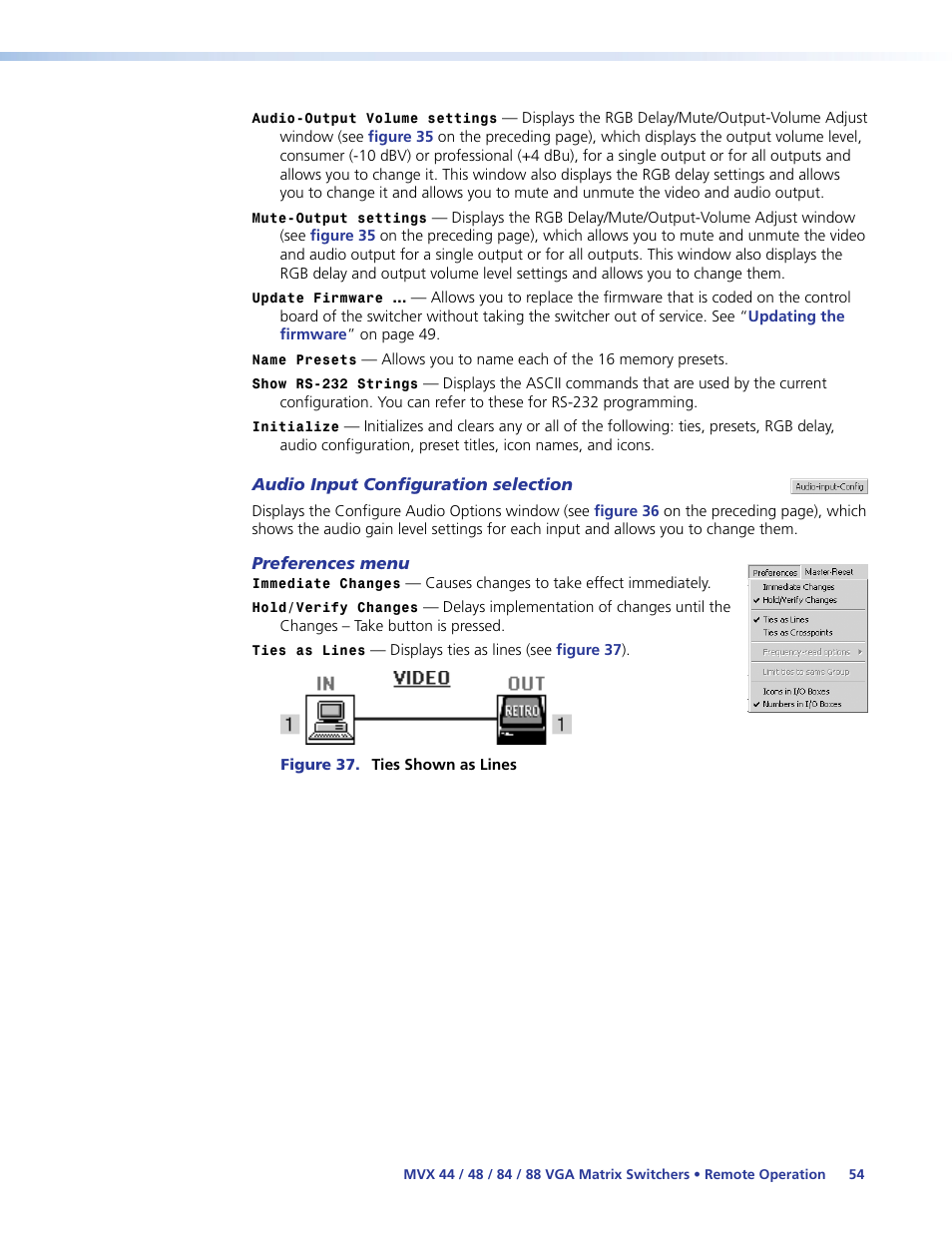 Audio input configuration selection, Preferences menu | Extron Electronics MVX 44_48_84_88 Series User Guide User Manual | Page 60 / 70