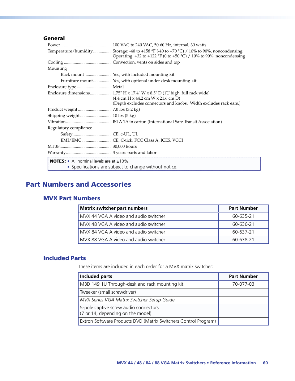 Part numbers and accessories, Mvx part numbers, Included parts | Reference information, Specifications part numbers and accessories | Extron Electronics MVX 44_48_84_88 Series User Guide User Manual | Page 66 / 70