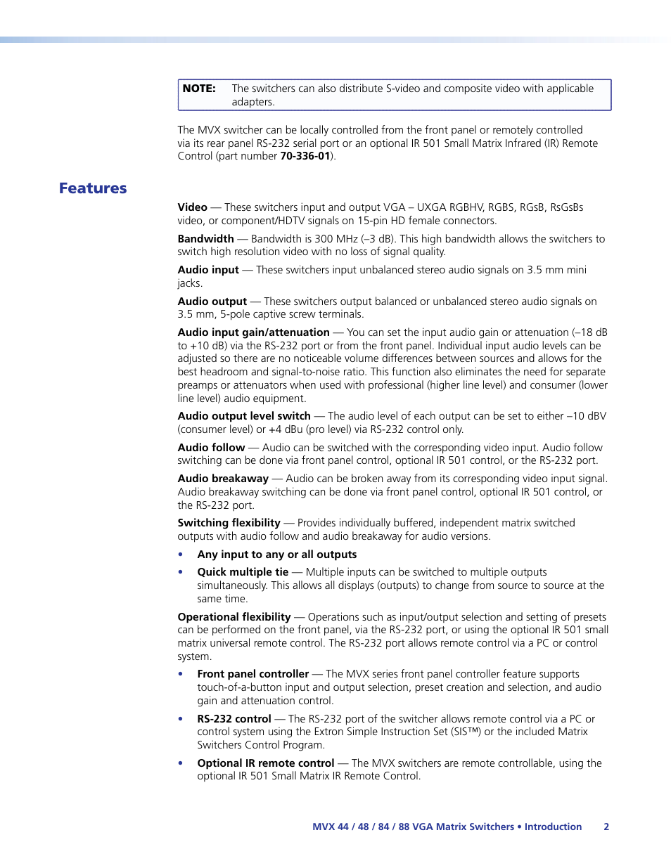 Features | Extron Electronics MVX 44_48_84_88 Series User Guide User Manual | Page 8 / 70