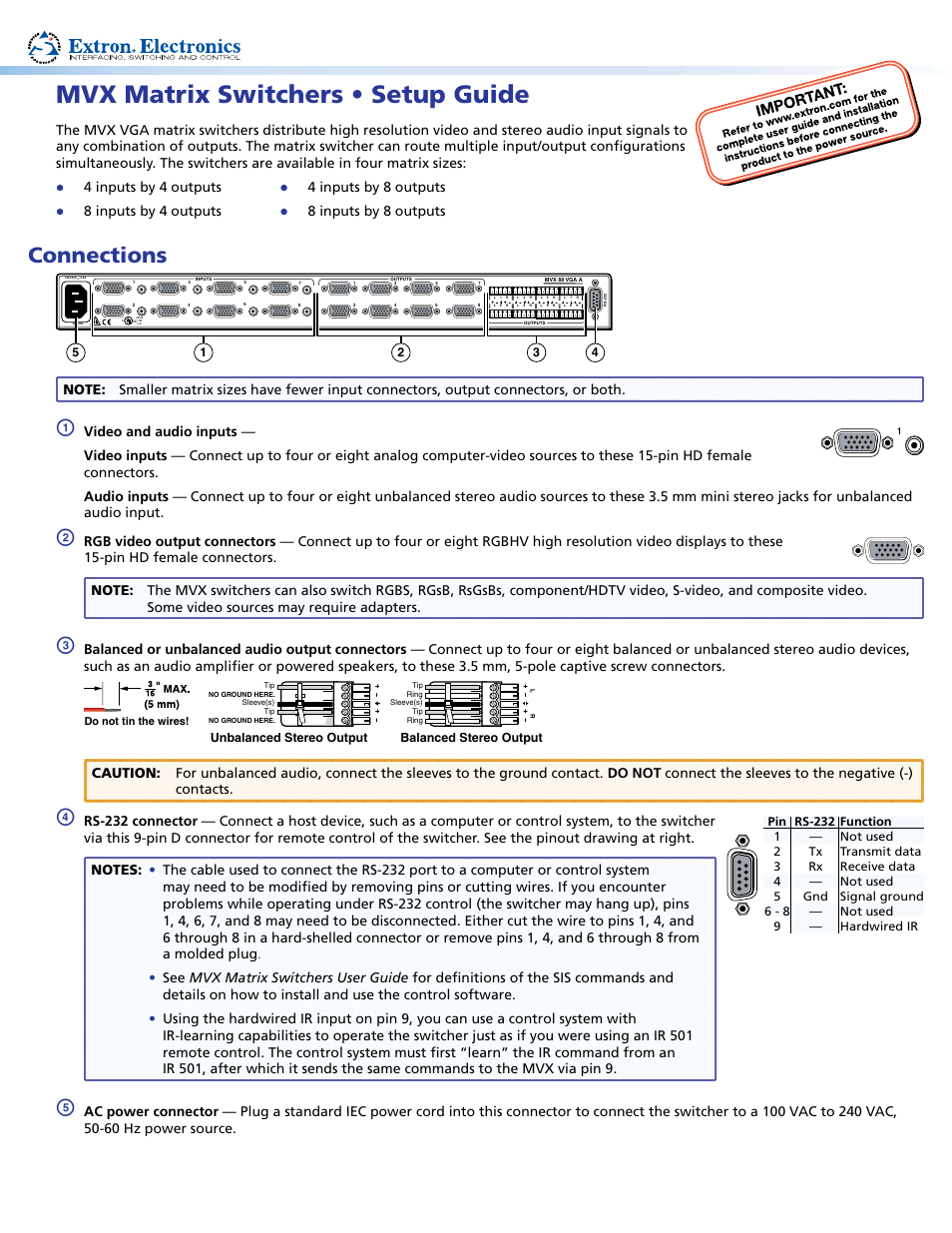 Extron Electronics MVX Matrix Switchers Setup Guide User Manual | 4 pages