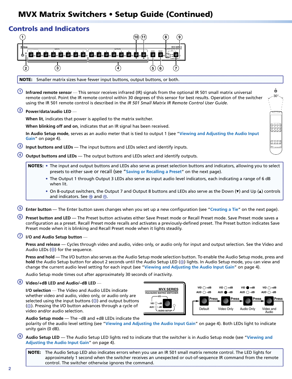 Controls and indicators, Mvx matrix switchers • setup guide (continued) | Extron Electronics MVX Matrix Switchers Setup Guide User Manual | Page 2 / 4