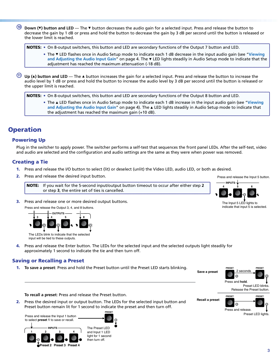 Operation, Powering up, Creating a tie | Saving or recalling a preset, And indicators. see | Extron Electronics MVX Matrix Switchers Setup Guide User Manual | Page 3 / 4