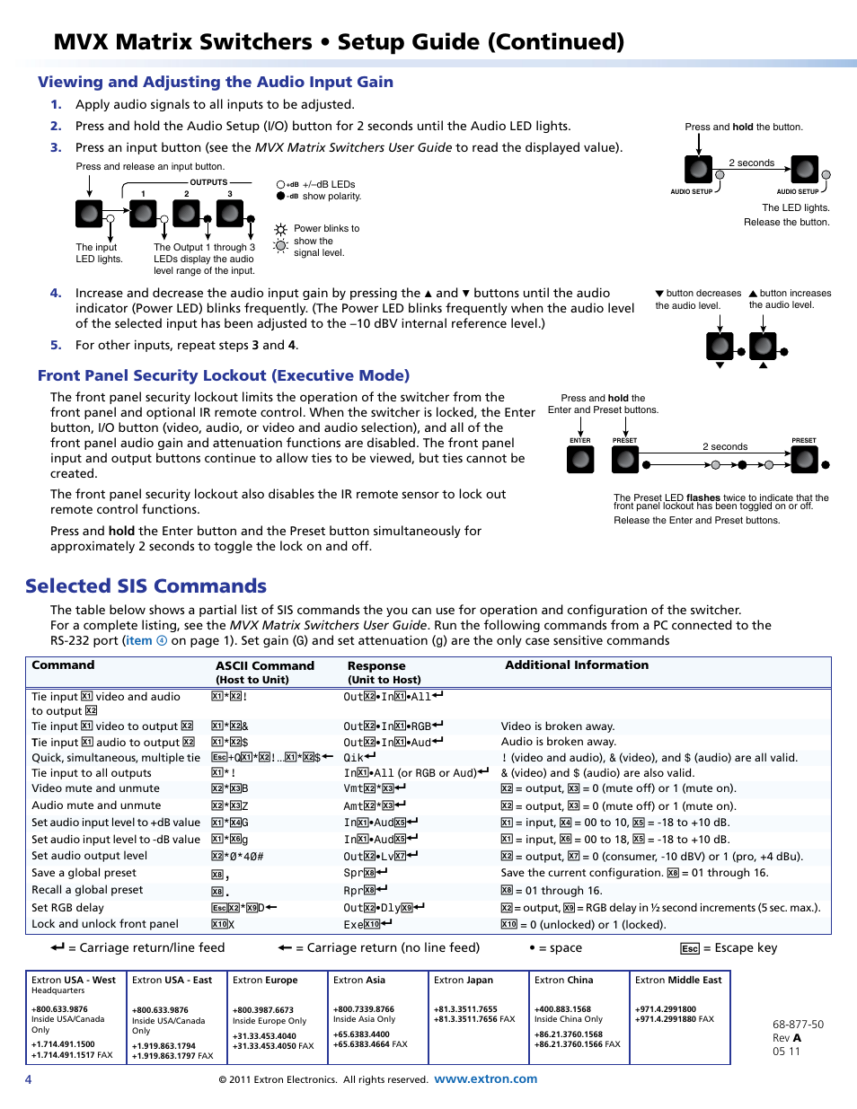 Viewing and adjusting the audio input gain, Front panel security lockout (executive mode), Selected sis commands | Contact info, Viewing and adjusting the audio input, Gain, Viewing and, Adjusting the audio input gain, Viewing, And adjusting the audio input gain | Extron Electronics MVX Matrix Switchers Setup Guide User Manual | Page 4 / 4