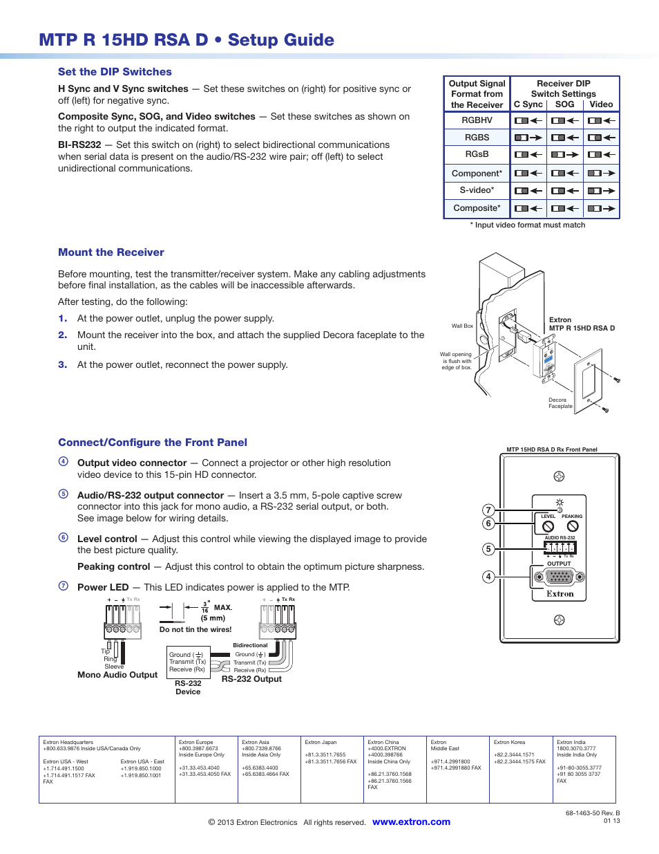 Mtp r 15hd rsa d • setup guide, Set the dip switches, Mount the receiver | Connect/configure the front panel | Extron Electronics MTP R 15HD RSA D Setup Guide User Manual | Page 2 / 2
