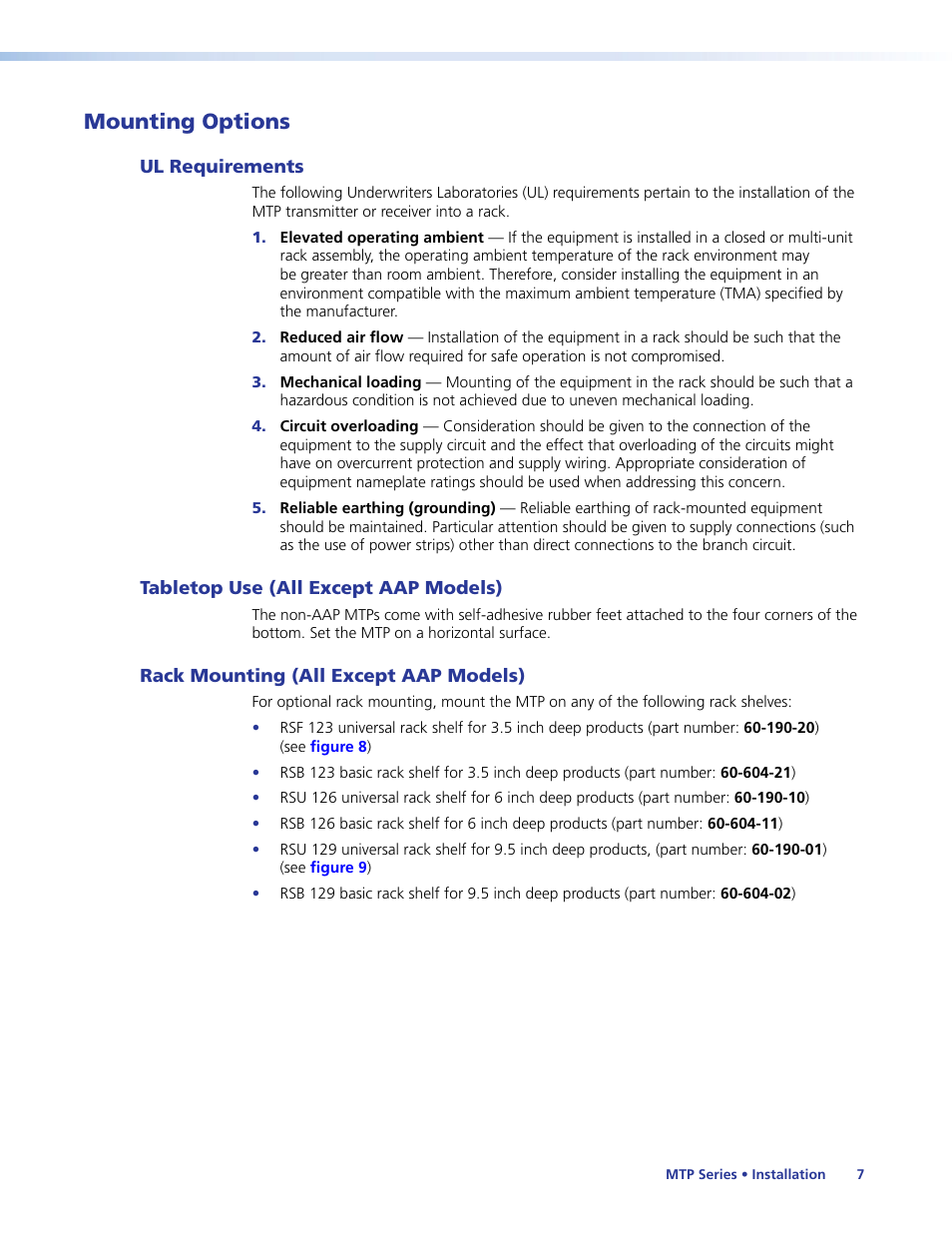 Mounting options, Ul requirements, Tabletop use (all except aap models) | Rack mounting (all except aap models) | Extron Electronics MTP Series User Guide User Manual | Page 13 / 28