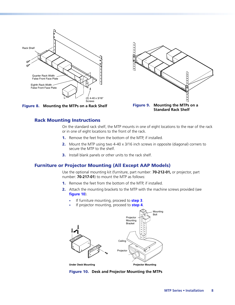 Rack mounting instructions, Aap models), Figure 8 | Figure 9 | Extron Electronics MTP Series User Guide User Manual | Page 14 / 28