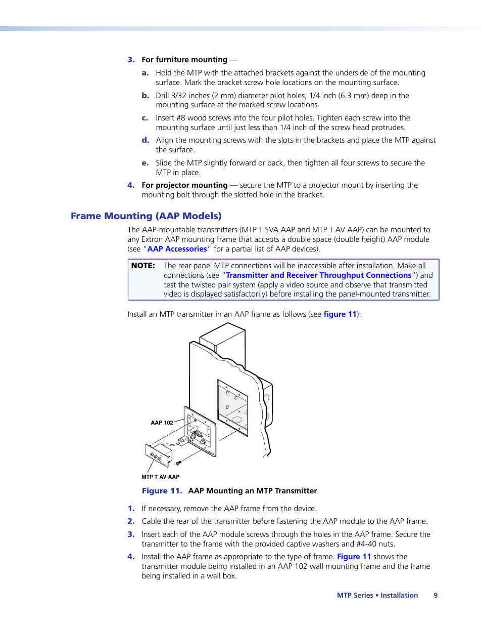 Frame mounting (aap models), Step 3, Oceed to | Step 4 | Extron Electronics MTP Series User Guide User Manual | Page 15 / 28
