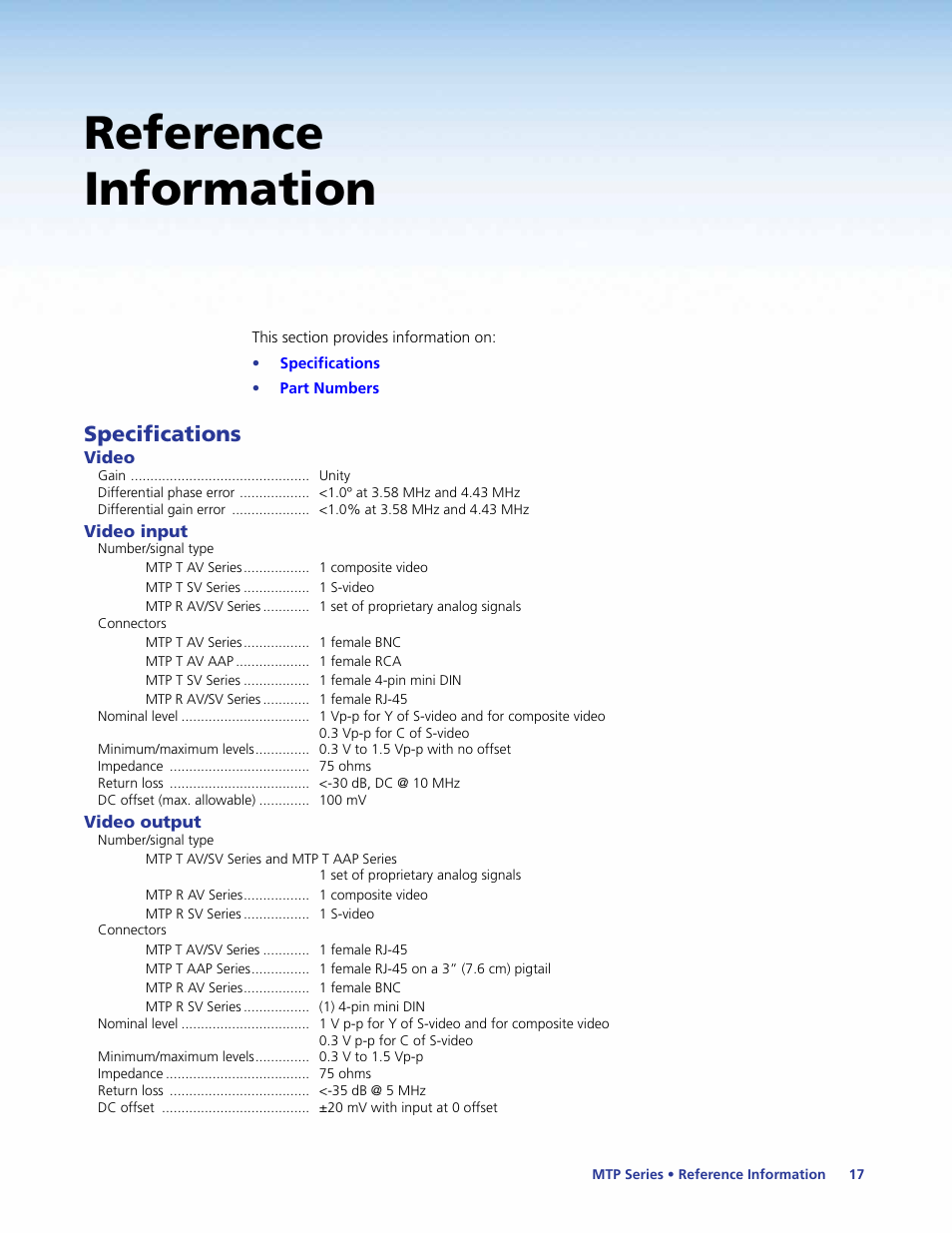Reference information, Specifications | Extron Electronics MTP Series User Guide User Manual | Page 23 / 28