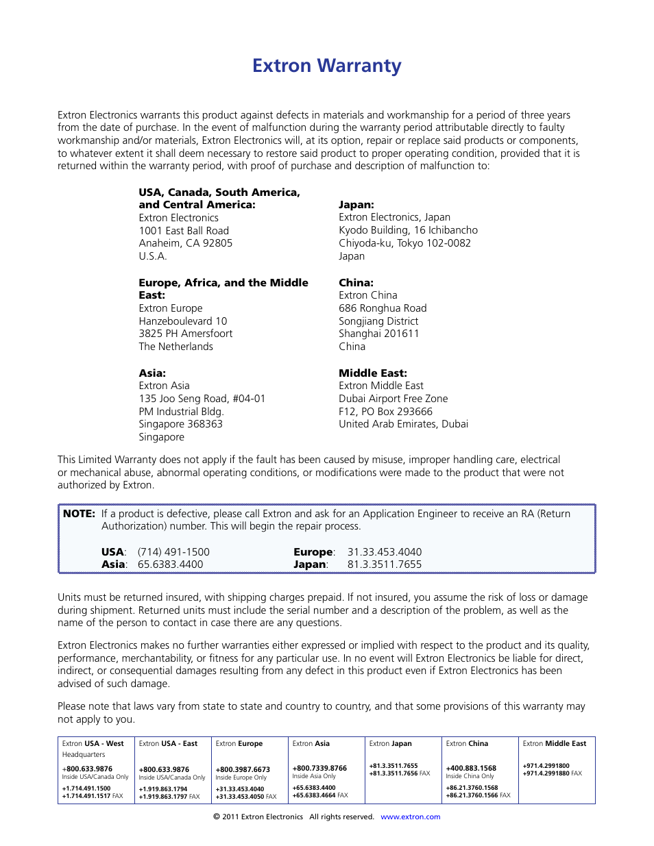 Extron warranty, Contact information | Extron Electronics MTP Series User Guide User Manual | Page 28 / 28