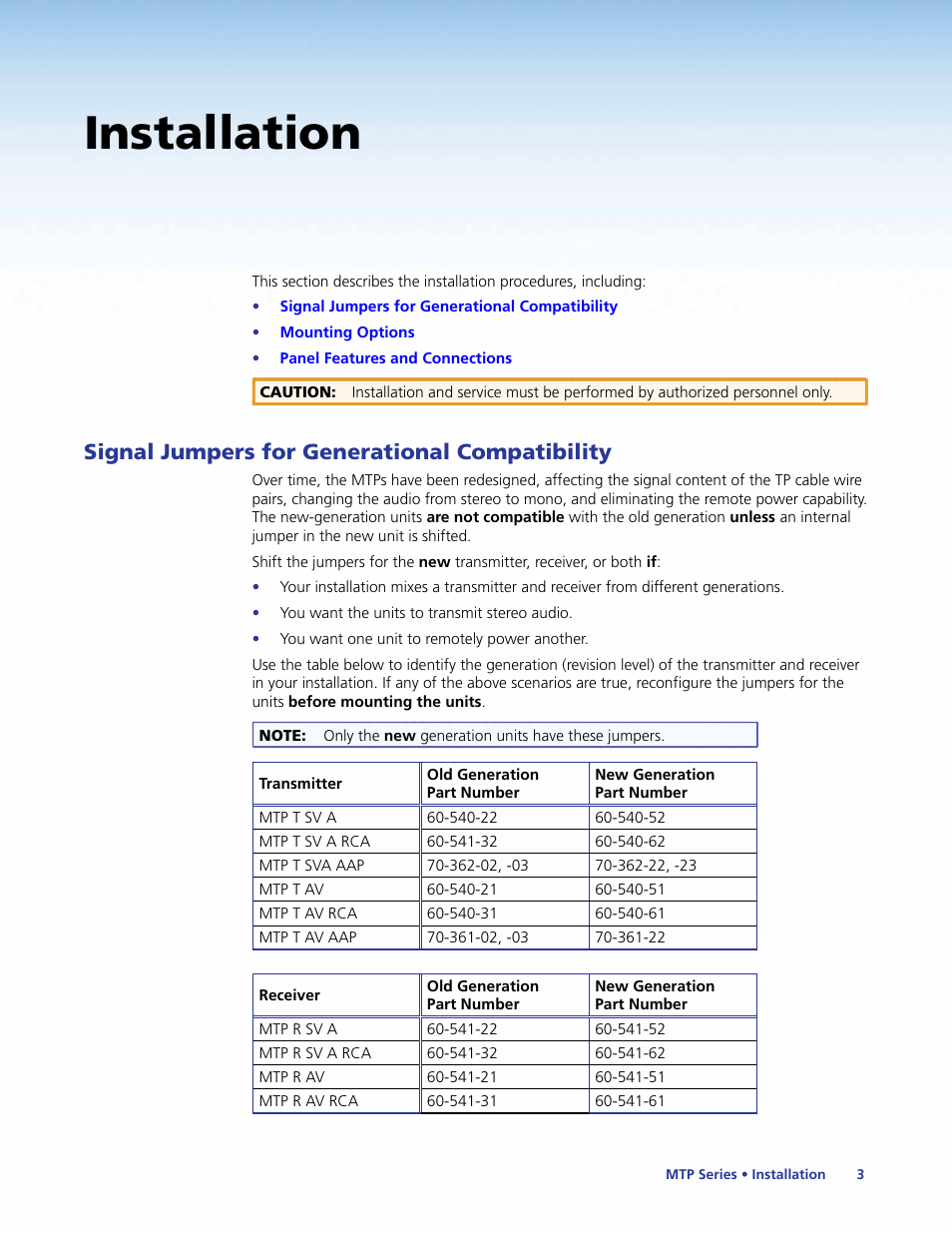 Installation, Signal jumpers for generational compatibility | Extron Electronics MTP Series User Guide User Manual | Page 9 / 28
