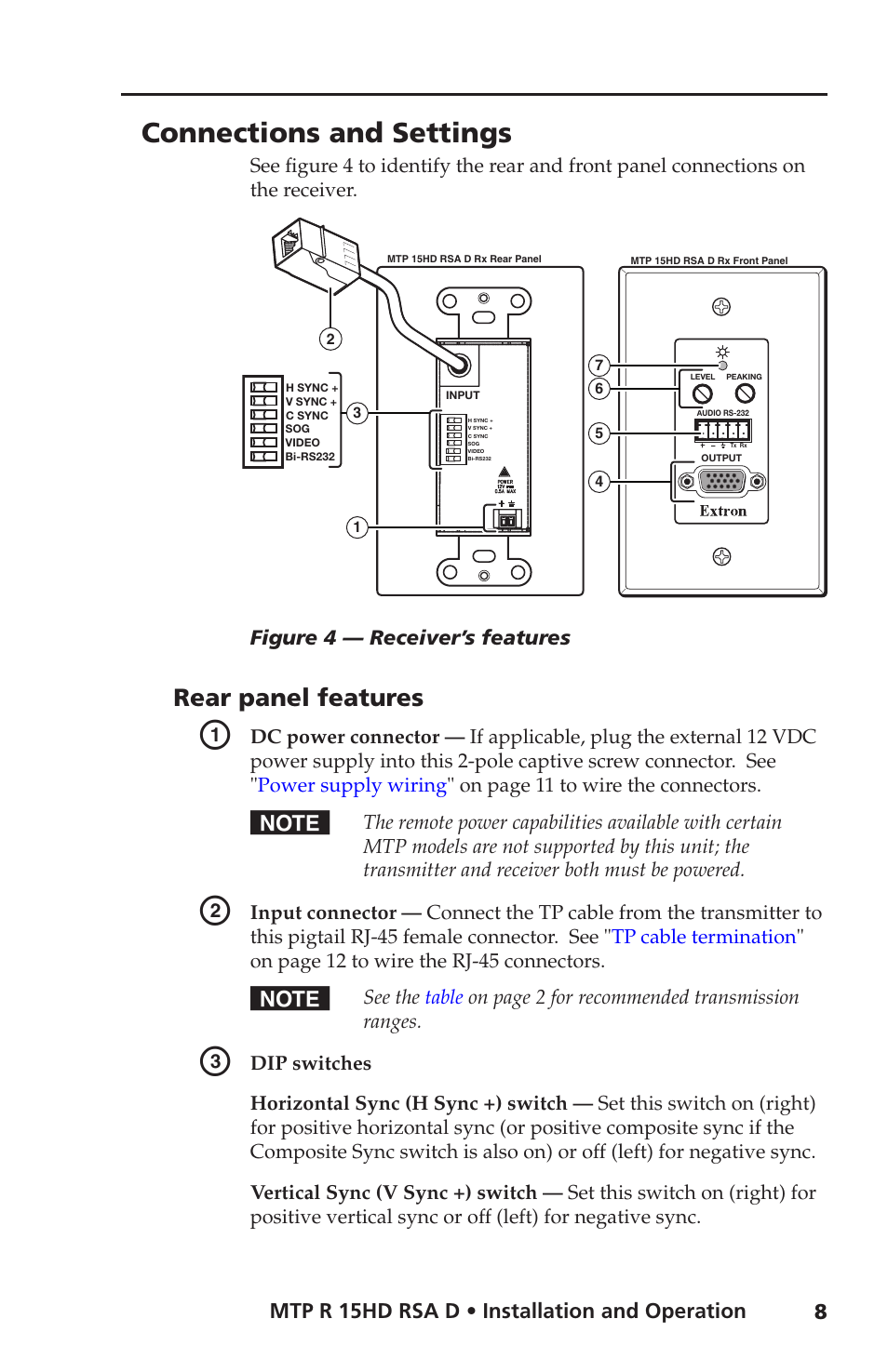 Connections and settings, Rear panel features | Extron Electronics MTP R 15HD RSA D User Guide User Manual | Page 12 / 27