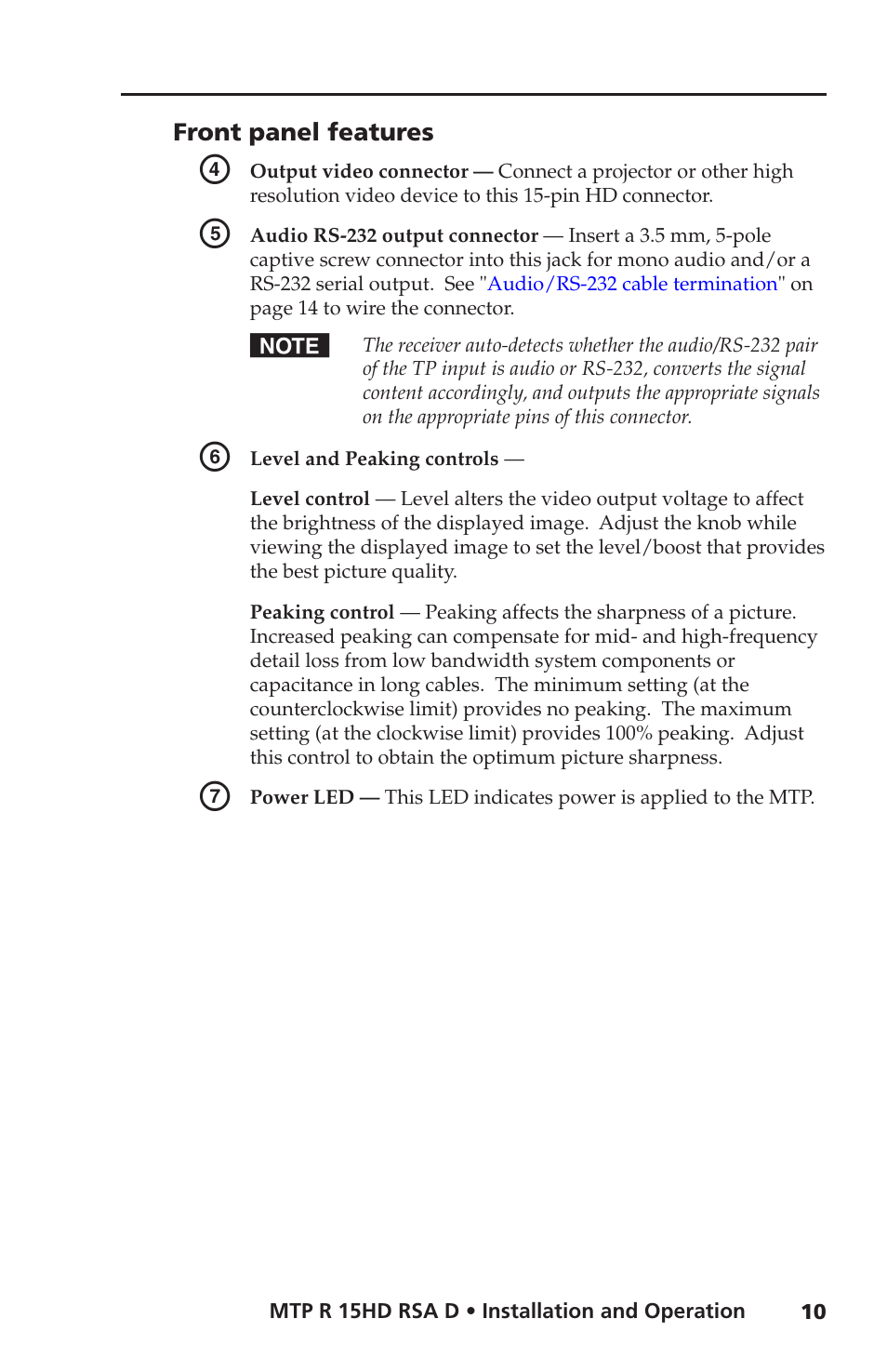 Front panel features | Extron Electronics MTP R 15HD RSA D User Guide User Manual | Page 14 / 27