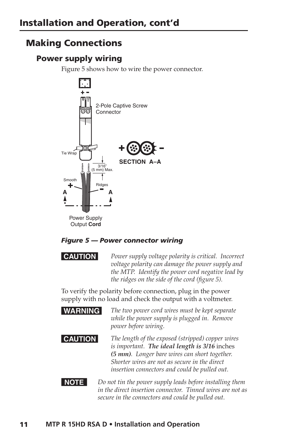 Making connections, Power supply wiring, Installation and operation, cont’d | Extron Electronics MTP R 15HD RSA D User Guide User Manual | Page 15 / 27