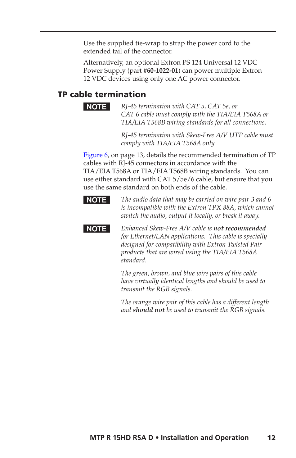 Tp cable termination | Extron Electronics MTP R 15HD RSA D User Guide User Manual | Page 16 / 27