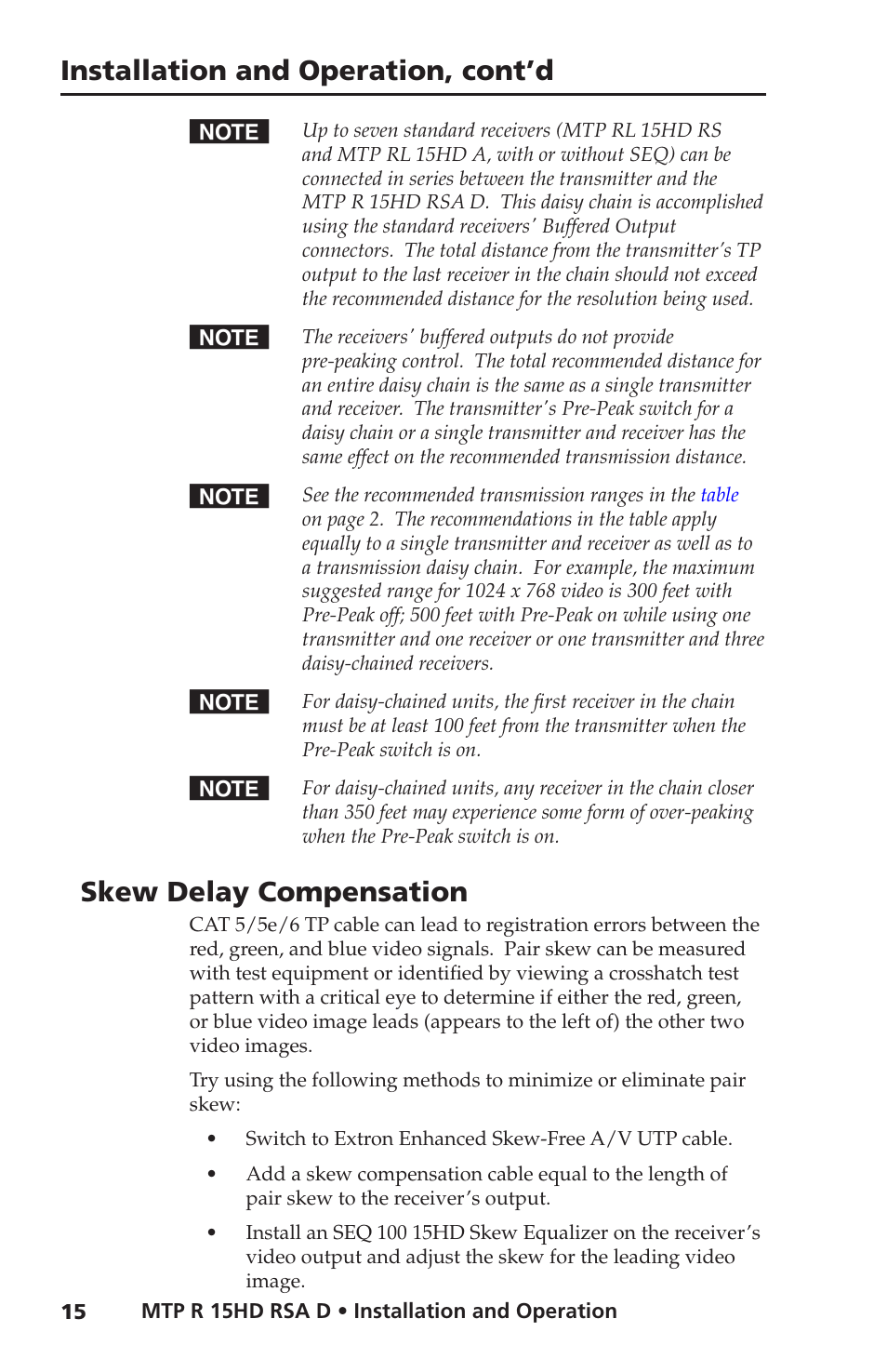 Skew delay compensation, Installation and operation, cont’d | Extron Electronics MTP R 15HD RSA D User Guide User Manual | Page 19 / 27