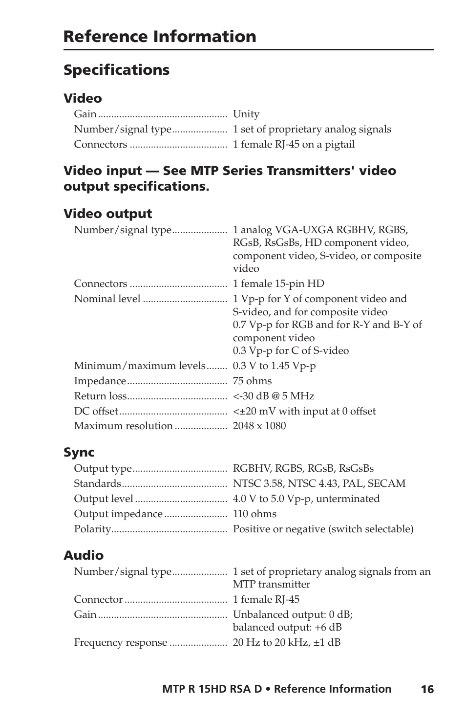 Specifications, Reference information | Extron Electronics MTP R 15HD RSA D User Guide User Manual | Page 20 / 27