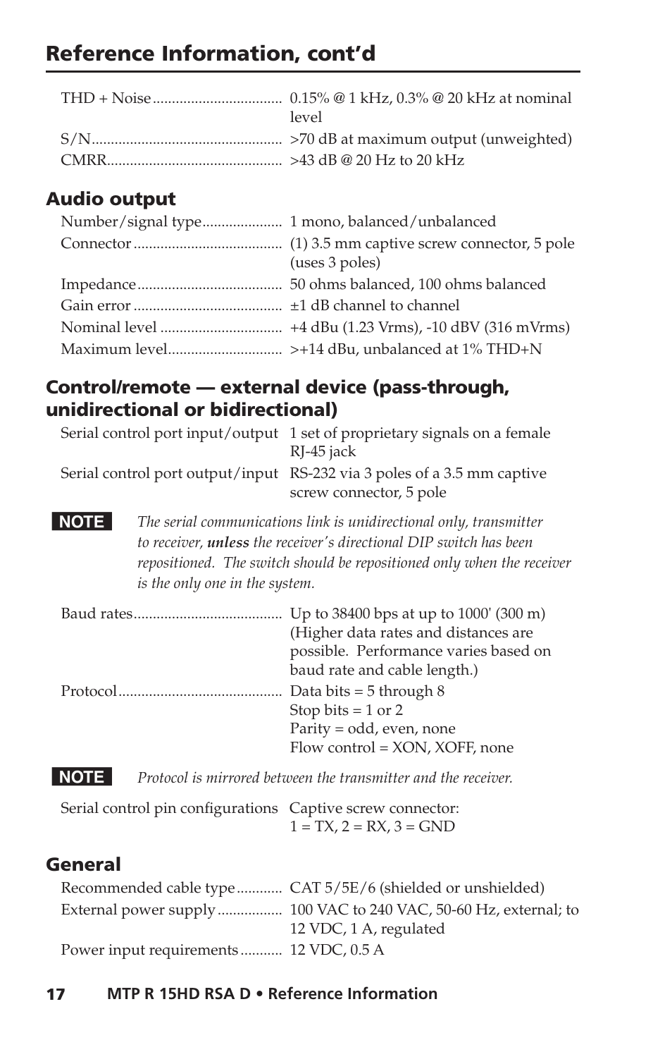Reference information, cont’d, Audio output, General | Extron Electronics MTP R 15HD RSA D User Guide User Manual | Page 21 / 27