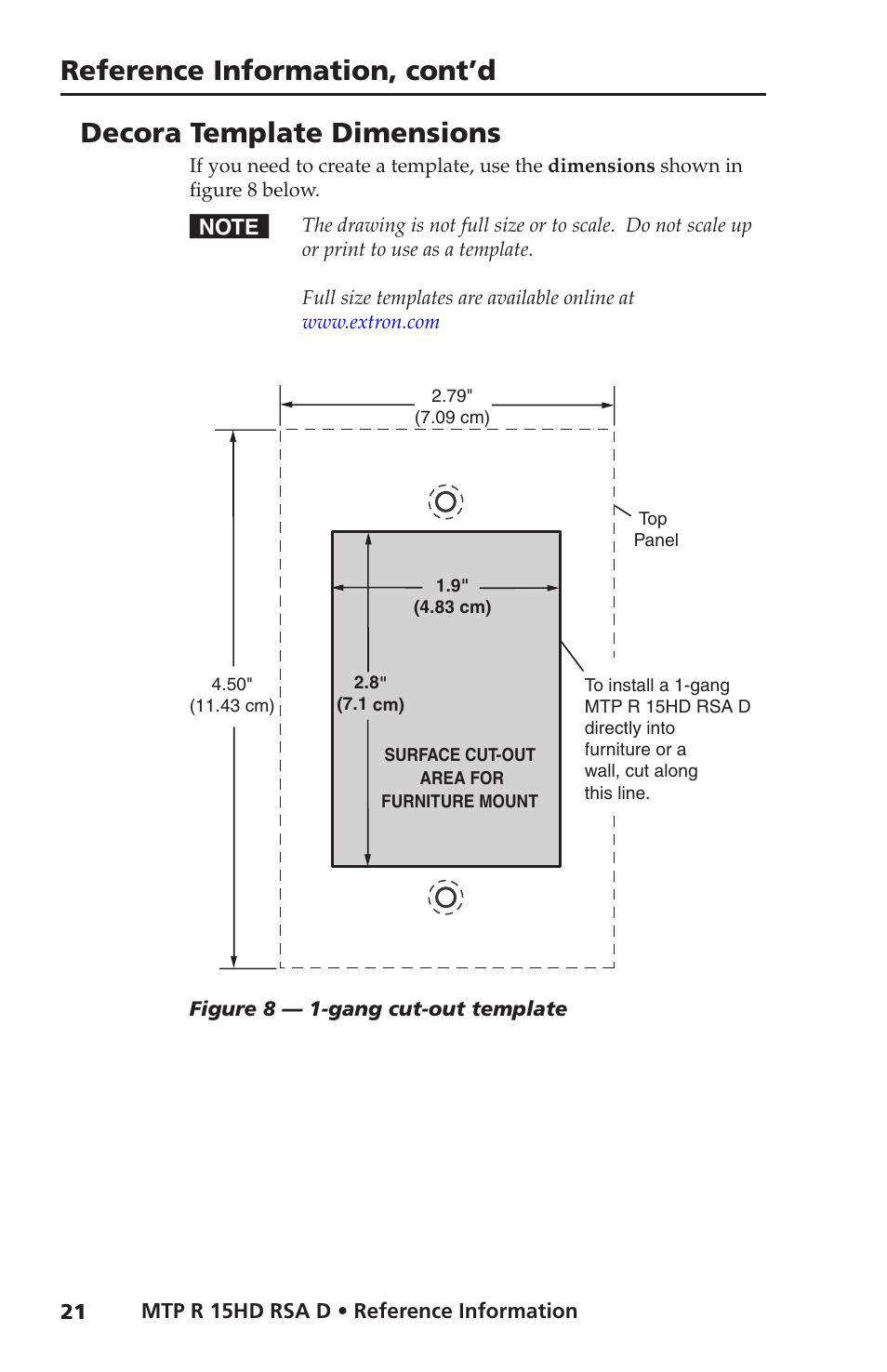 Decora template dimensions, Reference information, cont’d | Extron Electronics MTP R 15HD RSA D User Guide User Manual | Page 25 / 27