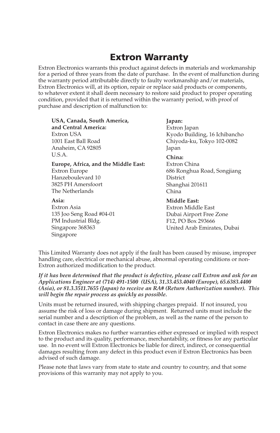 Warranty, Extron warranty | Extron Electronics MTP R 15HD RSA D User Guide User Manual | Page 26 / 27