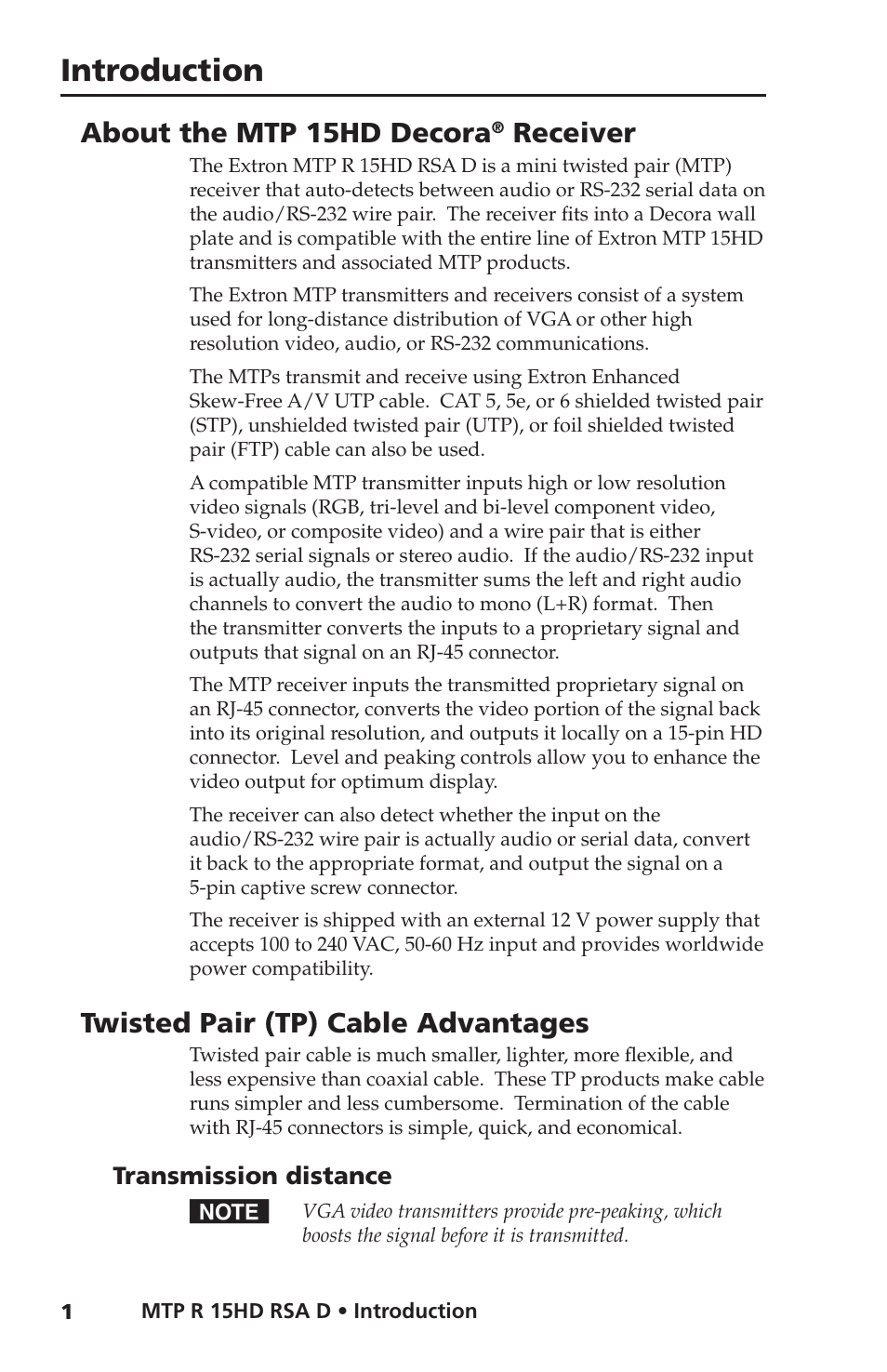 About the mtp 15hd decora® receiver, Twisted pair (tp) cable advantages, Transmission distance | About the mtp 15hd decora, Receiver, Introduction | Extron Electronics MTP R 15HD RSA D User Guide User Manual | Page 5 / 27