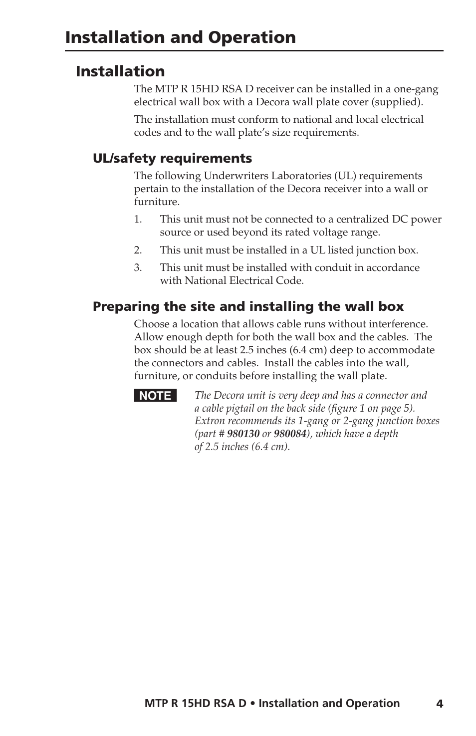 Installation, Ul/safety requirements, Preparing the site and installing the wall box | Installation and operation | Extron Electronics MTP R 15HD RSA D User Guide User Manual | Page 8 / 27