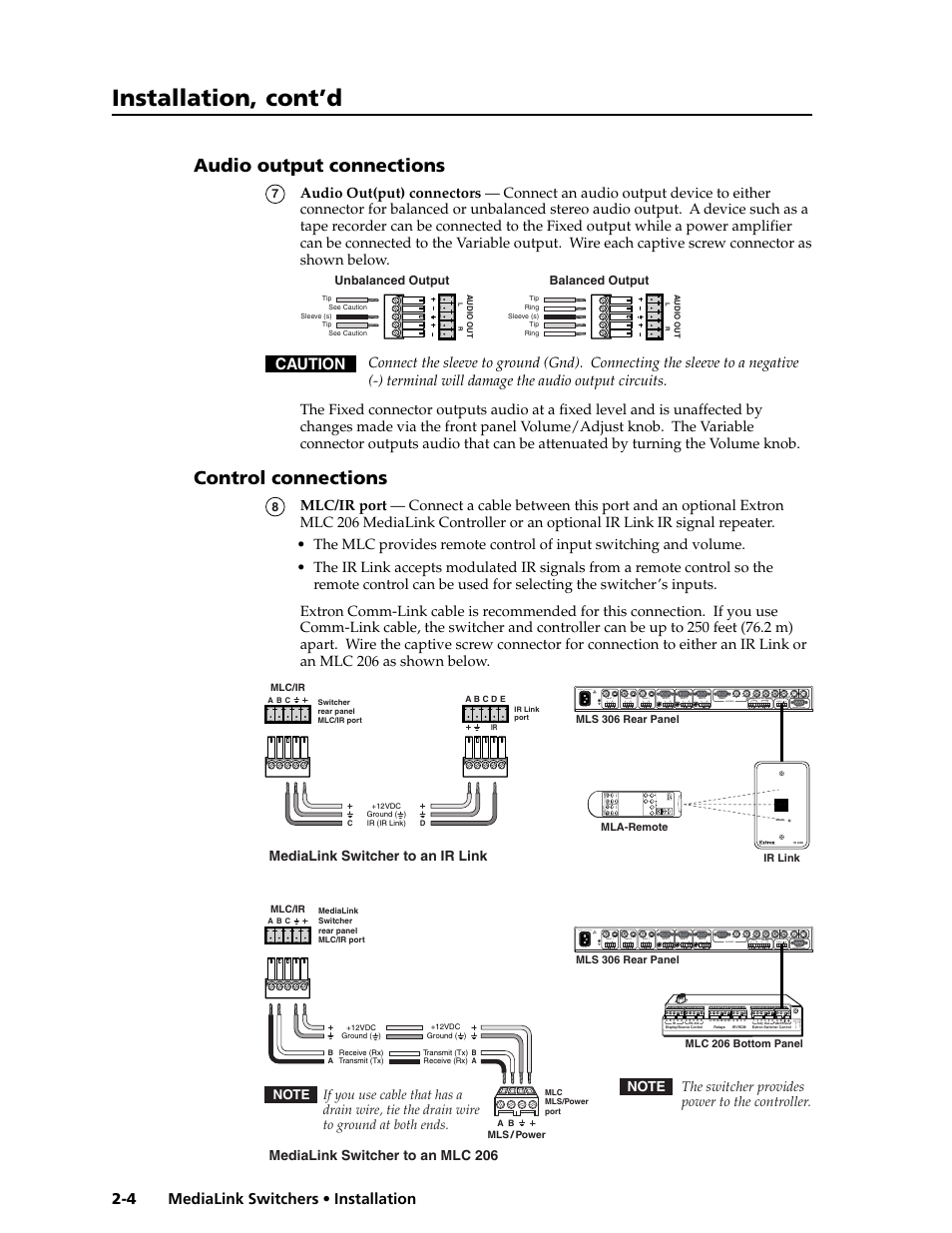 Installation, cont’d, Audio output connections, Control connections | Medialink switchers • installation 2-4, Caution | Extron Electronics MLS 506SA User Manual | Page 10 / 50